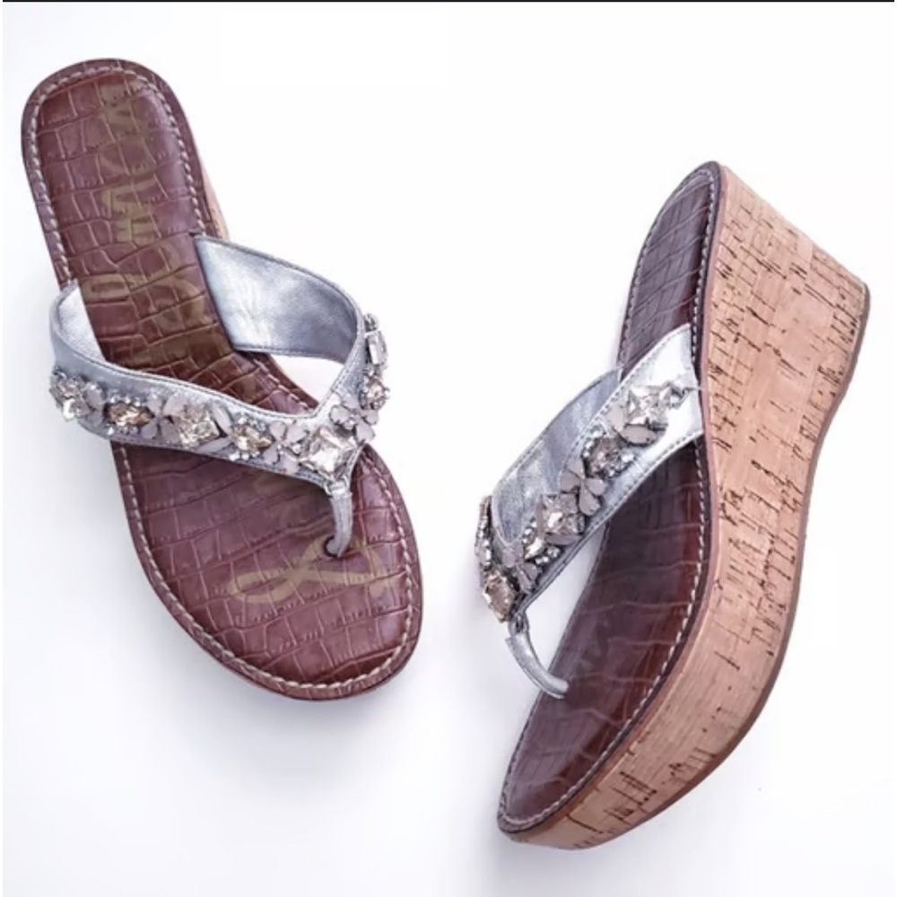 •SAM EDELMAN•LIKE NEW BEJEWELED SILVER LEATHER RANDI CORK WEDGE THONG SANDAL 8.5